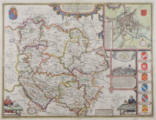 John Speede (17th century) a map of Herefordshire with coloured vignettes and borders 40cm x 53cm 