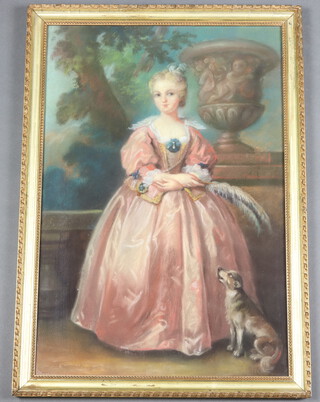 A 19th Century style indistinctly signed pastel portrait of a young lady in a garden terrace with a dog at her feet 52cm x 36cm 