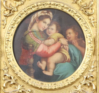 After Raphael, oil on canvas, Madonna and child with John The Baptist, circular, 19cm, contained in a good carved gilt frame with masks and scrolls 