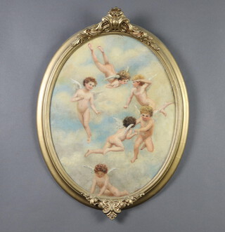 A 19th Century oil on board indistinctly signed, cavorting angels, oval, 44cm x 34cm  