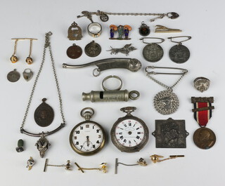 A Continental 925 standard rams head necklace, 2 pocket watches, minor coins and jewellery