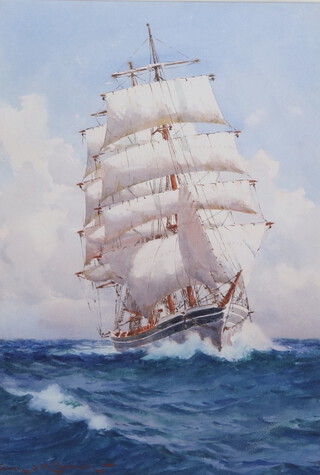 Samuel Milton John Brown (1873-1963), watercolour, study of a 3 masted sailing ship in full sail, signed to bottom left corner 33cm x 23cm 