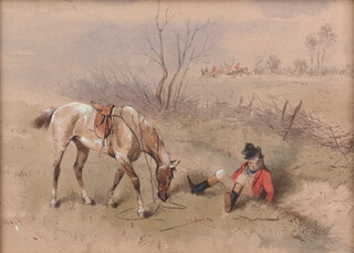 Watercolours unsigned, 19th Century amusing hunting scenes, 14cm x 19cm 