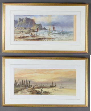 L Lewis, a pair of watercolours signed, coastal scenes with fishing vessels and figures 22cm x 52cm 