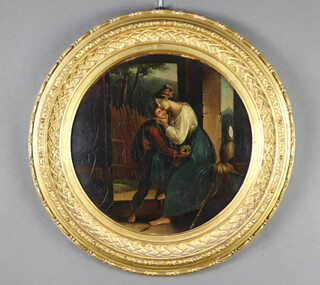 19th Century Continental circular oil on copper, study of an amorous couple 32cm 