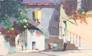 Cecil Rochfort D'oyly-John (1906-1993), oil on board signed, southern France townscape with figures, unframed, 20cm x 33cm 