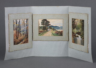 M R A Johns, watercolours signed, woodland view, loch scene and a stream view (3) unframed 10cm x 13cm, contained in a folio 