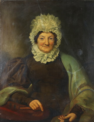 Victorian oil on canvas, portrait of a elderly lady wearing a lace cap 91cm x 70cm 