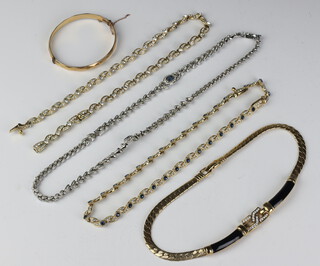A paste set blue and white necklace, 3 others and a bangle 