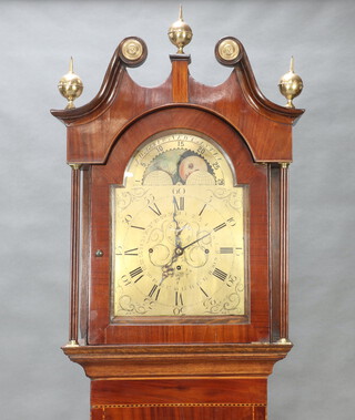 J Walker of Newcastle, an 18th Century 8 day striking longcase clock, the 33cm brass dial with phases of the moon, subsidiary second hand, calendar hand, striking on 8 later gongs, in an inlaid mahogany case with gilt finials above an inlaid oak and mahogany trunk 238cm h, the back board with notes for oiling, cleaning and restoration, complete with pendulum, 3 weights and key   