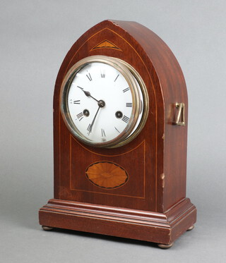 Philip Haas and Sons, a 19th Century 8 day striking clock with 13cm enamelled dial, Roman numerals contained in an inlaid mahogany lancet shaped case 36cm h x 24cm w x 13cm d, complete with pendulum and key 