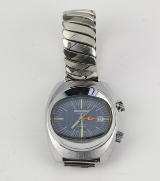 A gentleman's steel cased Memostar alarm calendar wristwatch contained in a steel case on a steel expanding bracelet, contained in original box  