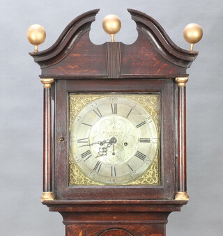 John Fletcher of Barnsley, an 18th Century 8 day striking longcase clock with 31cm silvered dial with Roman numerals, minute indicator and gilt spandrels to the corners, contained in an oak case complete with pendulum and key 215cm h x 48cm w x 26cm d 
