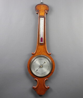T J Brown of High Street Wendover, a 19th Century mercury wheel barometer and thermometer with 20cm silvered dial, contained in an oak case 91cm h x 27cm w 