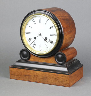 J Marti, a 19th Century French 8 day striking mantel clock with 13cm enamelled dial, Roman numerals, striking on a bell, contained in a walnut ebonised case complete with pendulum (no key) 26cm x 24cm x 23cm 