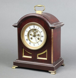 J Martin, a 19th Century French 8 day mantel clock with visible escapement, 10cm dial with Roman numerals, contained in a mahogany arch shaped case with brass carrying handle and feet 28cm h x 23cm w x 16cm d, complete with pendulum (no key) 