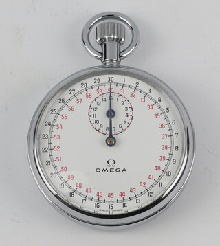A chromium cased Omega stopwatch contained in a 50mm case with original Omega box 