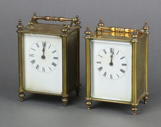 A pair of 19th Century French 8 day carriage timepieces with 7cm dials, contained in gilt metal cases 13cm h x 9cm w x 7cm d 