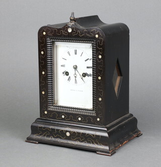 Thomas A Paris, a 19th Century French 8 day striking mantel clock with silk suspension, the 9cm enamelled dial marked Thomas A Paris, contained in an ebonised case 25cm h x 18cm w x 5cm d   