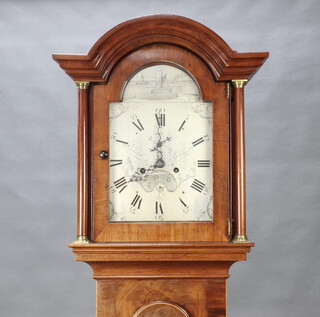 Edward Goldsworthy of Exeter, an 18th Century 8 day striking longcase clock, the 31cm arched silvered dial decorated a sailing ship and fort, with Roman numerals, minute indicator and calendar aperture, contained in a mahogany case 221cm h x 45cm w x 24cm d, complete with pendulum, key and weights, the interior with tabard explaining restoration of clock in the late 1970's 

