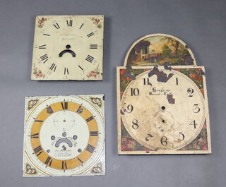 Robert Mortimer of Dartmouth, an 18th Century 30 hour painted longcase clock dial 28cm x 28cm, a J K L Morgan of Narberth, an 8 day longcase clock dial 30cm x 31cm with subsidiary second hand, winding hole and calendar aperture (chip to the dial), Humphreys of Barnard Castle, an 18th Century arch painted 30 hour longcase clock dial with Arabic numerals and minute indicator (substantial paint loss) 34cm x 48cm