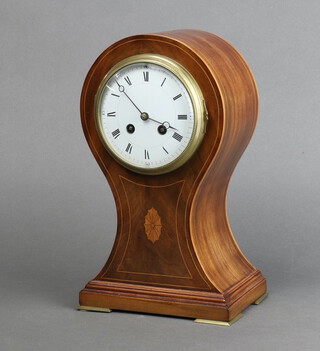 Japy Freres, a French 8 day striking mantel clock with enamelled dial contained in an inlaid mahogany balloon shaped case, back plated marked Japy Freres 1422 7 7, complete with pendulum and key 31cm h x 18cm w x 12cm d 