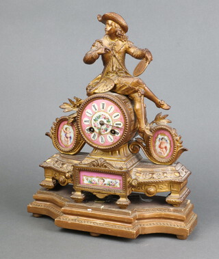 J Martine, a French 8 day striking mantel clock with pink porcelain dial, Roman numerals, contained in a gilt spelter case, the top surmounted by a figure depicting the Arts, back plate marked 389, the case marked Pillsbury, 30cm x 27cm x 10cm, complete with pendulum and key 