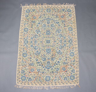A blue and white ground and floral patterned Kashmiri stitched panel 177cm x 120cm 