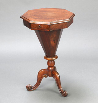 A Victorian octagonal rosewood work table of conical form with hinged lid, raised on tripod base 69cm h x 44cm w x 44cm d 