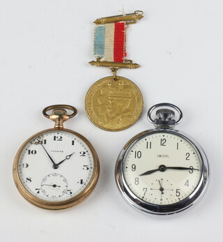 A gold plated mechanical pocket watch (a/f), a Smiths chromium cased pocket watch and a commemorative medallion