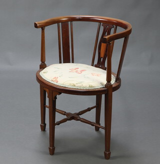 An Edwardian inlaid mahogany stick and rail tub back chair with upholstered seat, raised on square tapered supports, spade feet and cruciform stretcher 79cm h x 56cm w x 46cm d (seat 34cm x 27cm) 