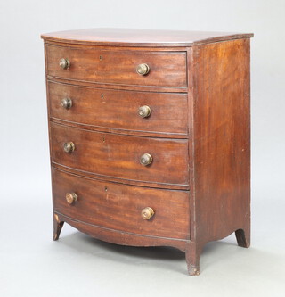 A Georgian mahogany bow front chest of 4 long drawers, raised on splayed bracket feet 102cm h x 90cm w x 56cm d 