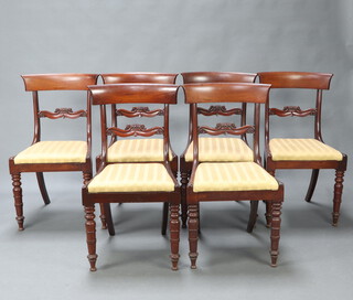 A set of 6 19th Century mahogany bar back dining chairs with carved mid rails and upholstered drop in seats, raised on turned supports 86cm h x 47cm w x 43cm d (seats 22cm x 29cm) 