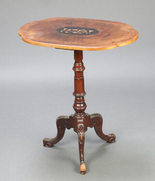 A Victorian oval inlaid bleached mahogany wine table, raised on a carved column and tripod base 69cm h x 63cm x 43cm 