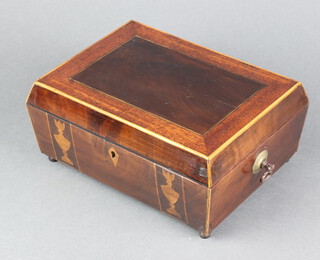 A 19th Century cushion shaped crossbanded, inlaid mahogany trinket box with hinged lid, raised on bun feet 9cm h x 24cm w x 17cm d 
