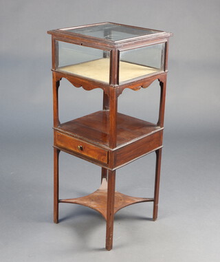 A 19th/20th Century square mahogany bijouterie table with hinged lid, the base with undertier above 1 long drawer and X framed stretcher 92cm h x 38cm w x 38cm d (formerly a bedside table) 