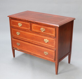 An Edwardian inlaid mahogany chest of 2 short and 2 long drawers with replacement brass handles, raised on square tapered supports 78cm x 99cm w x 48cm d 