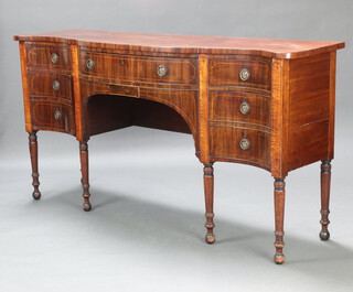 A Georgian inlaid mahogany bow front sideboard fitted 1 long and 2 short drawers, flanked by cupboards, raised on turned supports 95cm h x 180cm w x 51cm d  