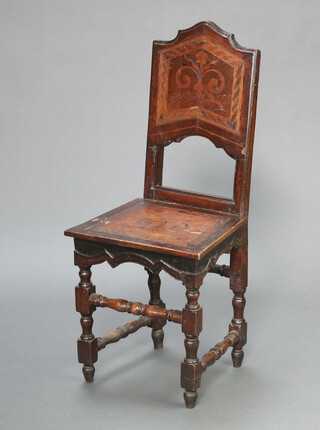 A Dutch 17th/18th Century inlaid oak hall chair with solid back and seat, 109cm h x 46cm w x 38cm d  
