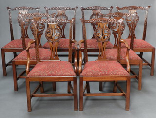 A set of 8 19th/20th Century Chippendale style carved mahogany slat back dining chairs with upholstered drop in seats, raised on square tapered supports with H framed stretcher - 2 carvers 97cm h x 57cm w x 48cm, 6 standard chairs 94cm h x 54cm w x 44cm d 