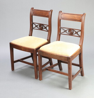 A set of 3 19th Century mahogany bar back dining chairs with pierced carved mid rails and upholstered drop in seats, raised on square supports with H framed stretcher 86cm h x 49cm w x 36cm d 