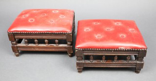 A near pair of Victorian rectangular mahogany stools upholstered in buttoned material, raised on turned supports with bobbin turned decoration 79cm h x 31cm w x 25cm d 
