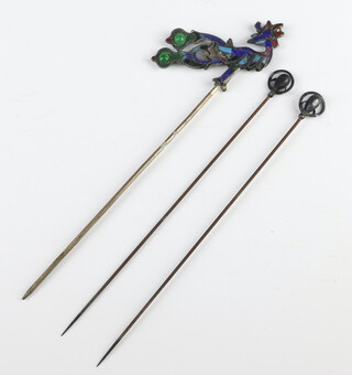 A white metal enamelled hat pin and 2 others by Charles Horner