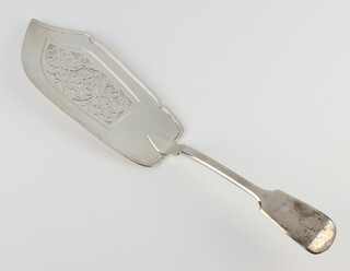 A Victorian silver fiddle pattern fish slice with pierced decoration, London 1842, 150 grams 
