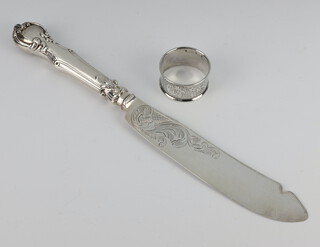 A Victorian silver knife Sheffield 1870 together with a silver napkin ring and 4 silver plated trays