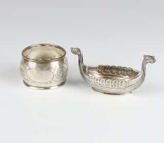 A Norwegian silver salt in the shape of a longboat together with a napkin ring 