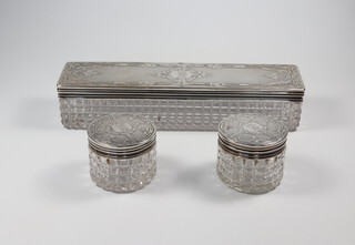 A Victorian glass mounted rectangular toilet box with silver lid together with 2 circular ditto London 1856