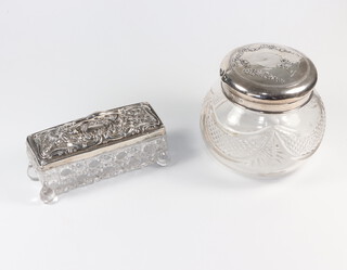 A silver rectangular cut glass toilet jar Birmingham 1912, a ditto lidded globular jar Birmingham 1916 