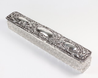 An Edwardian style silver mounted rectangular toilet box 22cm, rubbed marks