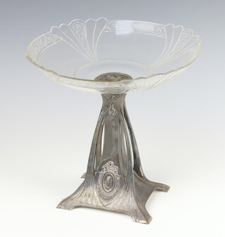 An Art Nouveau soft metal table centrepiece with cut glass dish 25cm 